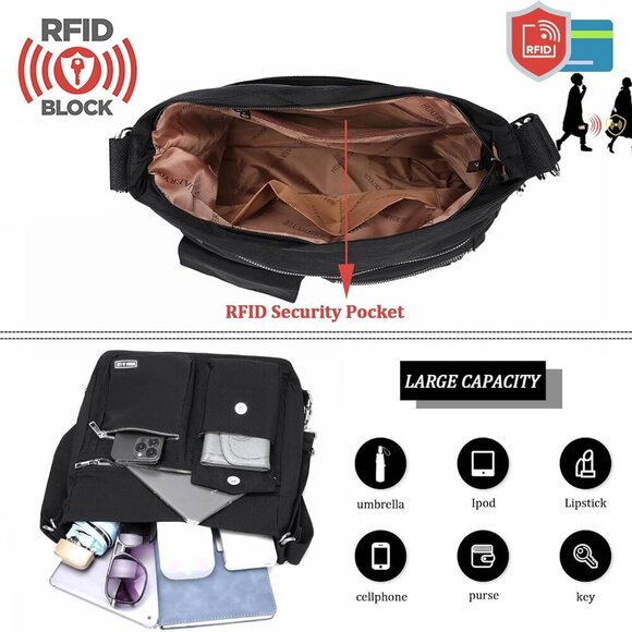 Multipurpose Hobo Purse for Women with Antitheft RFID, Waterproof Nylon Crossbod - Picture 3 of 6